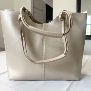 Neiman Marcus Tote Champagne Shimmer Faux Leather Bag Casual Neutral Office